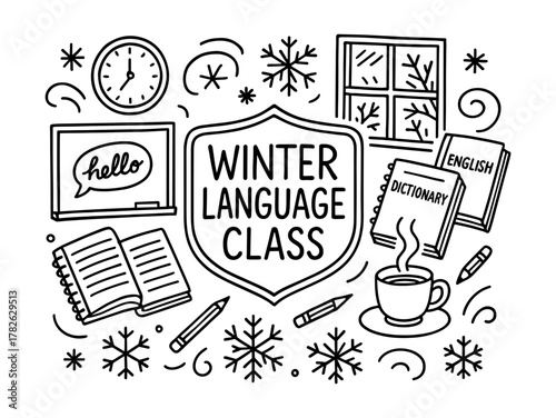 Winter language class design with hand drawn icons featuring books and snowflakes