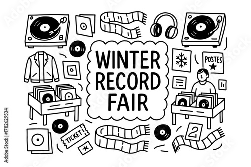 Winter record fair doodle with vinyls, turntables, and music accessories in black and white