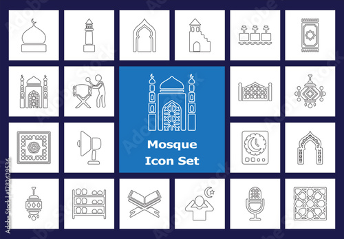 Ramadan and Islamic Mosque Outline Icons Vector Set. Qur'an, Prayer, Mihrab, Minaret, Lantern, Holy Book Line Icon Collection for Muslim Culture and Architecture.