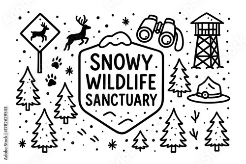 Winter wildlife sanctuary outline with snowy elements and forest animals