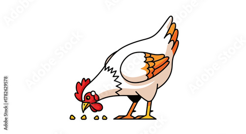 Cartoon Chicken Eating Grains Illustration on White Background