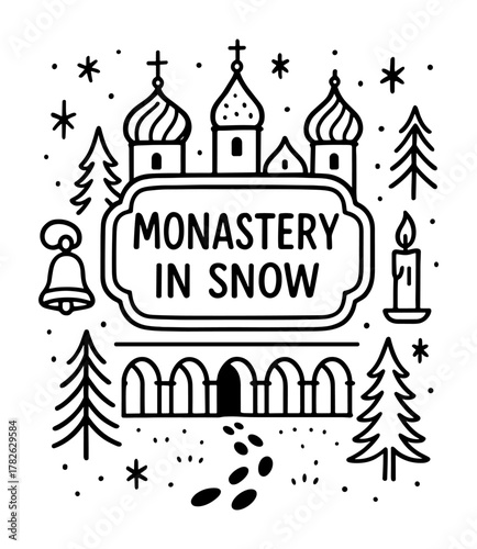 Monastery in snow with bell and candle line art design