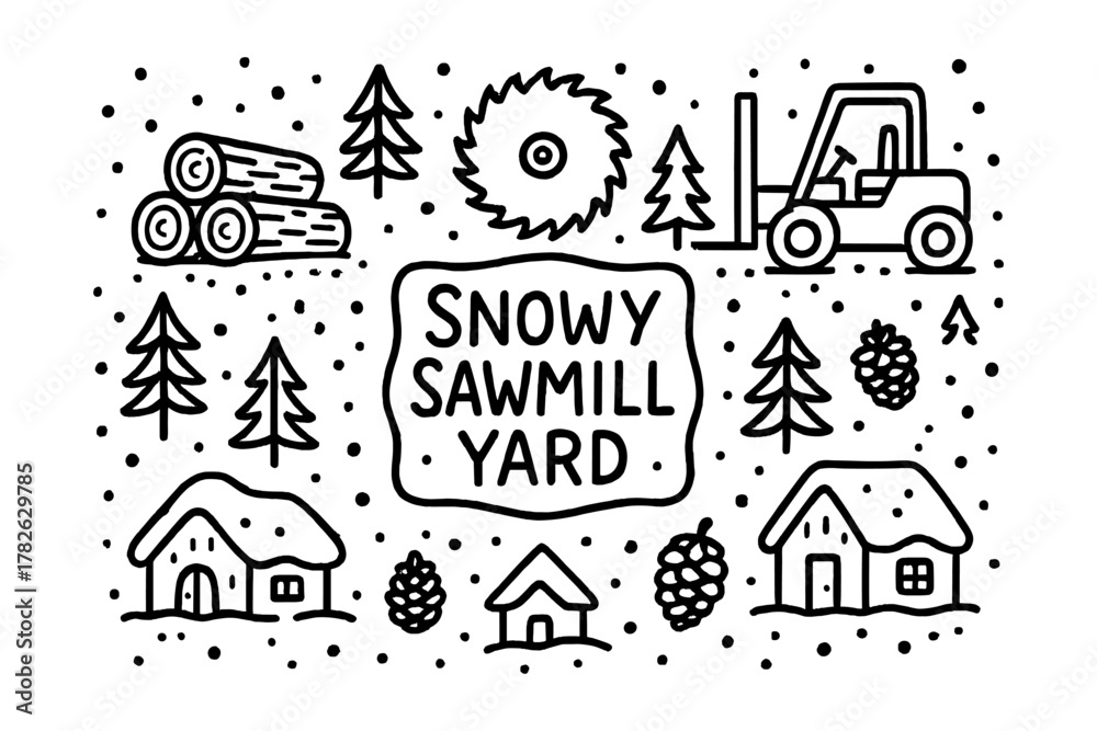 Fototapeta premium Winter sawmill yard with snow, trees, cabins, and wood processing equipment in linear style