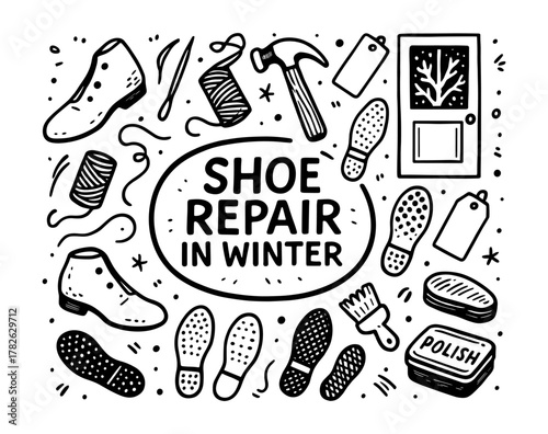 Winter shoe repair tools and accessories in hand-drawn doodle style illustration