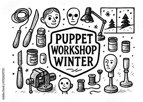 Puppet workshop winter: hand drawn tools and materials for crafting creativity