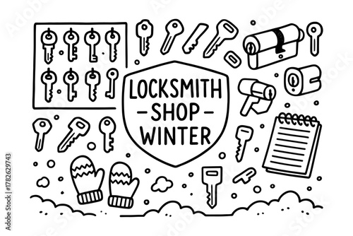 Winter locksmith icons with keys, locks, and gloves in doodle style