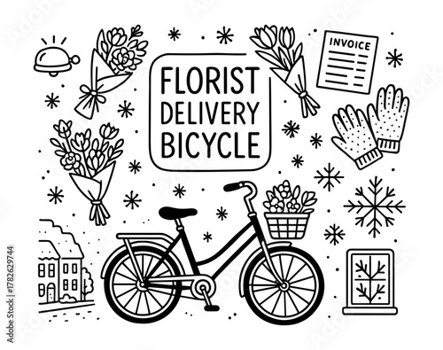 Black and white floral bicycle delivery concept with winter elements and outline design