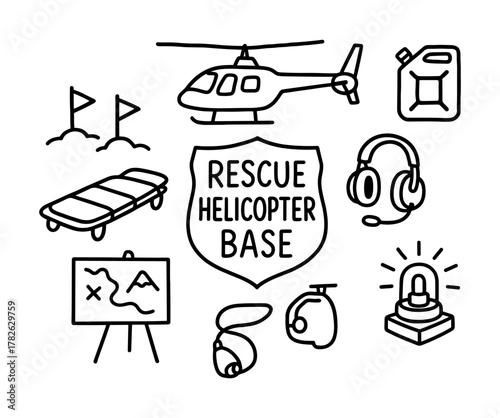 Emergency helicopter rescue base icons in minimalist line art style