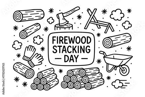Firewood stacking day: tools and logs in linear art style