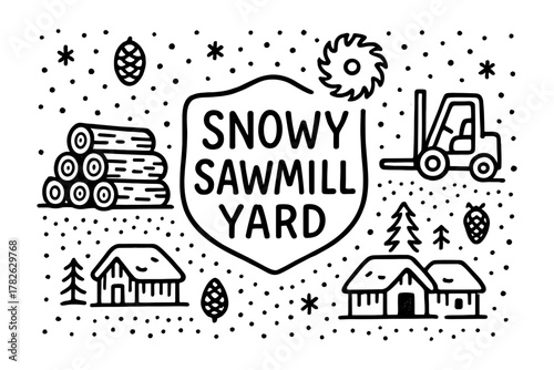 Cozy winter sawmill scene with snowflakes, log cabin, and trees