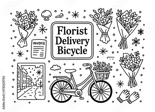 Florist delivery bicycle with flowers in black and white detailed doodle art