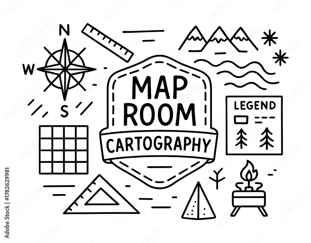 Fototapeta premium Vintage map icons: compass, mountains, and cartography elements in linear style