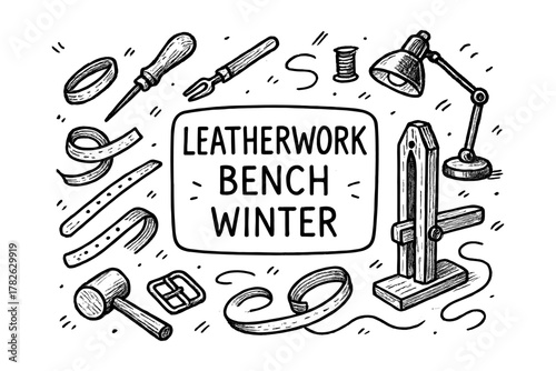 Hand drawn leatherworking tools and equipment set in monochrome