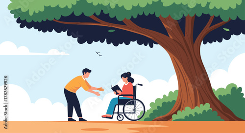 A compassionate man reaches out to a woman in a wheelchair reading a book, symbolizing friendship and support in nature.