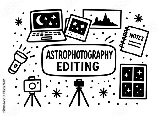 Astrophotography editing tools: black and white doodle design with cameras and stars
