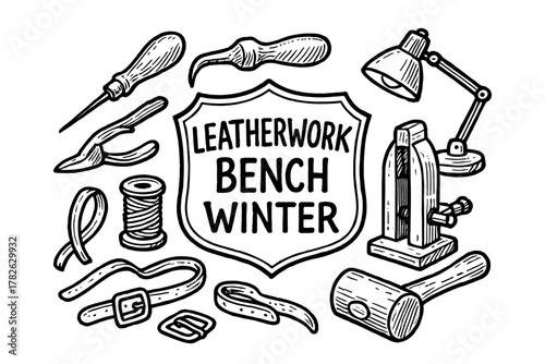 Hand drawn leatherwork tools and accessories set in vintage style
