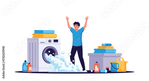A man stands in dismay as his washing machine overflows with soap suds, creating a messy laundry room accident.