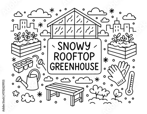 Sustainable urban farming: snowy rooftop greenhouse amid cityscape in winter