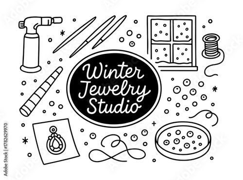 Winter jewelry studio essentials: hand drawn craft tools and cozy designs