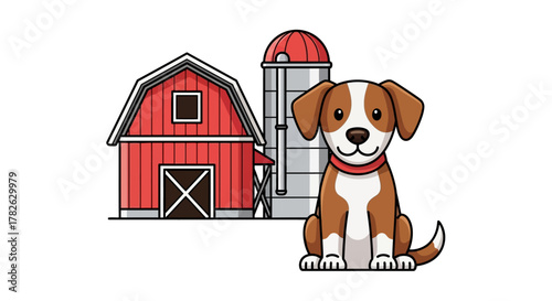 Cartoon Farm Dog with Barn and Silo Rural Countryside Illustration