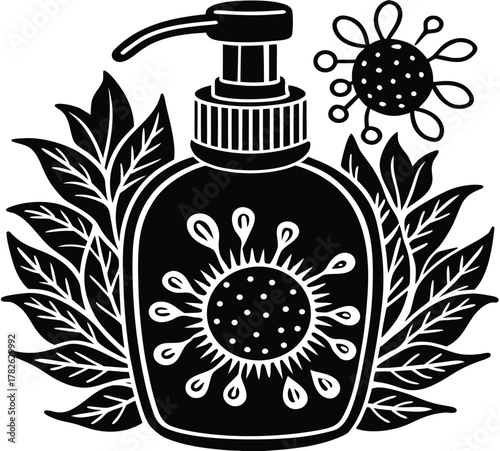 Iconic illustration of hand sanitizer bottle, adorned with floral elements and stylized virus particles, perfect for health and hygiene related designs and graphics