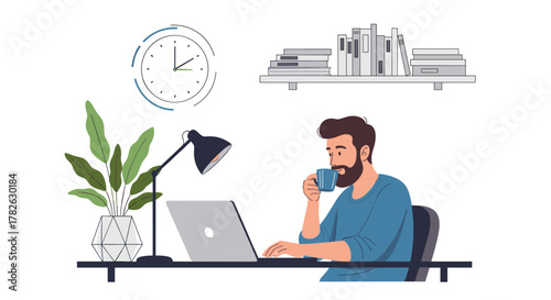 A focused bearded man works remotely on his laptop at a minimalist home office desk, surrounded by productivity essentials.