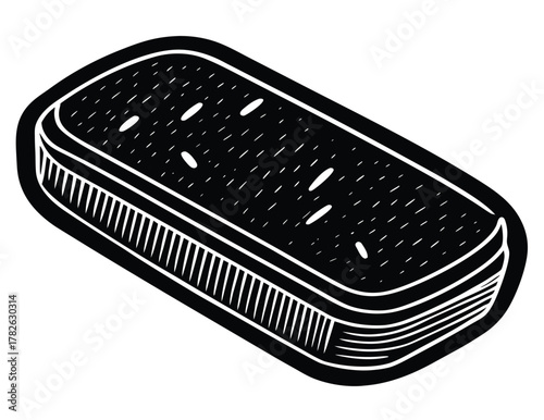 A simple black and white line drawing illustration of a sandwich with clear outlines and a dark filling, presented against a plain background, perfect for various design applications