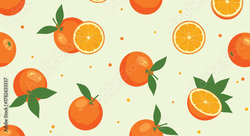 A refreshing seamless pattern of juicy whole and half oranges with green leaves, playfully scattered on a light green background, ideal for summer themes.