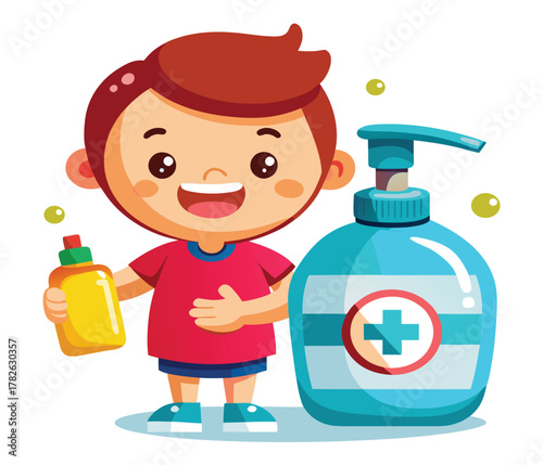 Cheerful cartoon boy promoting hand hygiene with two bottles of antiseptic hand sanitizer on a clean white background, emphasizing cleanliness and health protection