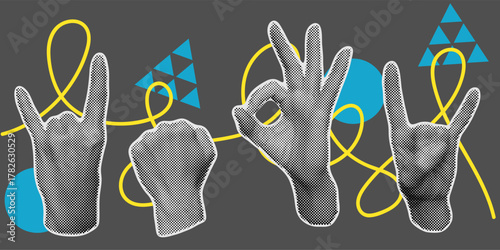 Halftone vector hands set. Abstract dotted pattern illustration in retro pop art style. Black and white modern collage element. Human hand shapes isolated on white background for creative design