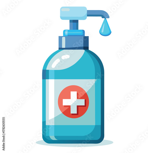 Bottle of Hand Sanitizer with Red Cross Cleanliness & Hygiene Vector Illustration
