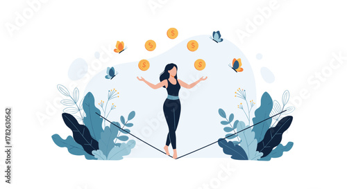 A skillful woman maintains her financial balance, juggling golden coins on a tightrope amidst serene nature with flying butterflies.