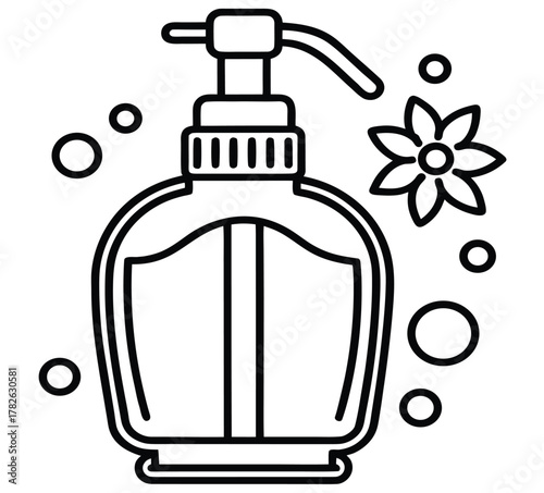 A simple line art icon illustrating a combination of essential hygiene and botanical skincare, featuring a pump dispenser, flower, and bubbles