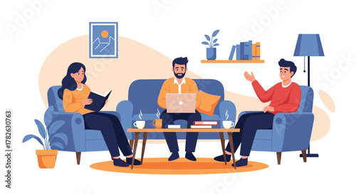 Three friends relaxing and working in a cozy living room, engaging in reading, laptop use, and conversation, showcasing a balanced modern lifestyle.