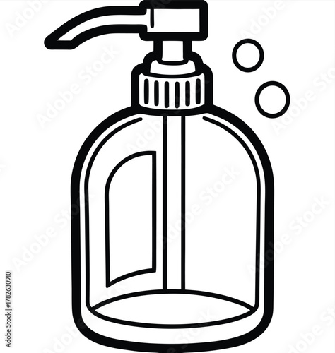 Hand soap dispenser with pump and bubbles, a simple outline illustration on a white background, representing hygiene and cleanliness for personal care and household use