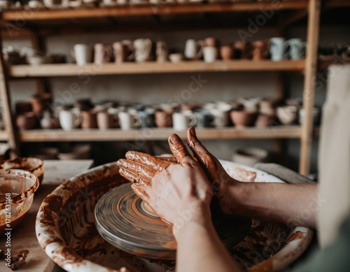 Hands shaping clay on pottery wheel in artisan workshop