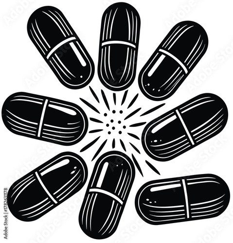 Pills Powering Health A Dynamic Illustration of Capsules Radiating Well-being and Medical Vigor