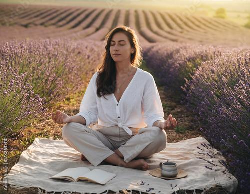Woman meditating in lavender field at sunset surrounded by nature