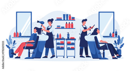 Vibrant illustration of a bustling hair salon with stylists washing, drying, and cutting clients' hair.