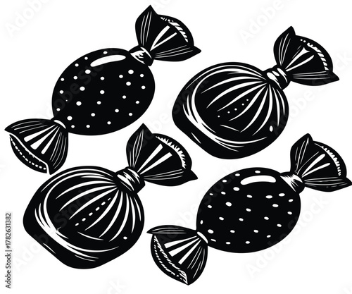 Retro black and white drawing of tasty wrapped taffy candies. A group of assorted delicious chewable sweets in a vintage woodcut style, isolated on a clean white background for design elements