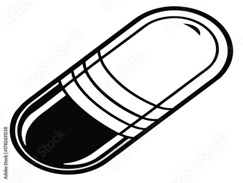 Black and white illustration of a capsule on a white background, representing medicine, health, and pharmaceutical concepts in a simple, clean design suitable for various visual projects