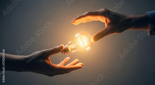 Hands Passing Glowing Light Bulb, Idea Exchange