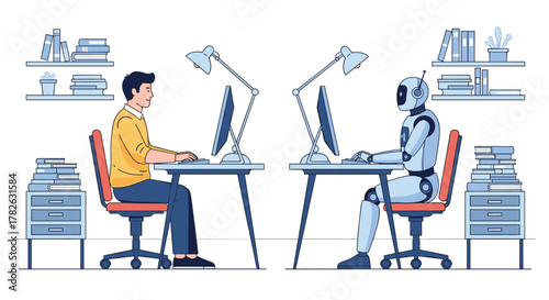A man and a humanoid robot work side-by-side at individual desks with computers in an office setting, symbolizing the integration of AI in the workplace.