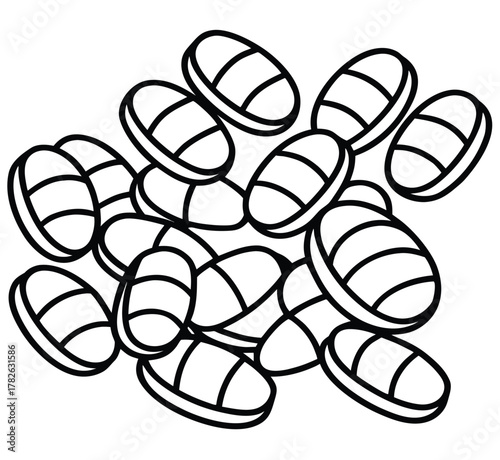 Monochrome line art illustration of a jumbled pile of oval pills or tablets. A simple vector graphic representing medicine, pharmacy, supplements, or healthcare, isolated on a plain white background