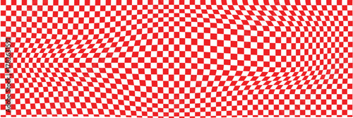 Trippy design with distortion grid effect. Twisted wavy and groovy geometrical chessboard. Psychedelic dynamic banner background. Retro 70s trippy hippie wavy aesthetic chess backdrop in black 