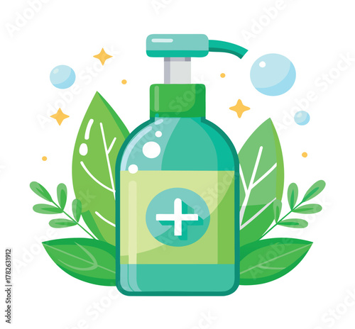 Herbal Foam Sanitizer Against White Backdrop Leaves, Bubbles, and Hygiene in an Artistic Illustration