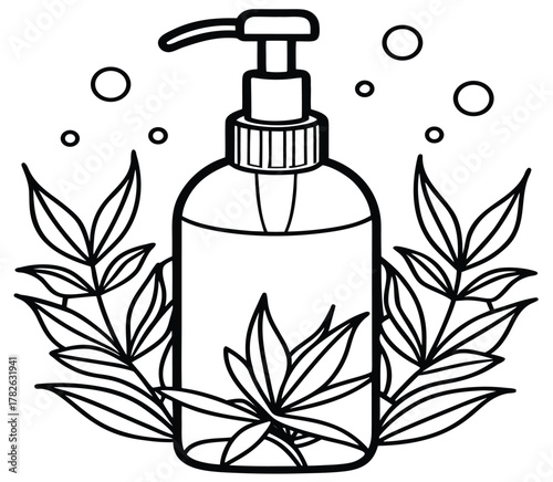 Herbal Sanitizer Bottle with Leaves and Bubbles Natural Hand Care for Family Wellness, Outline Illustration on White Background