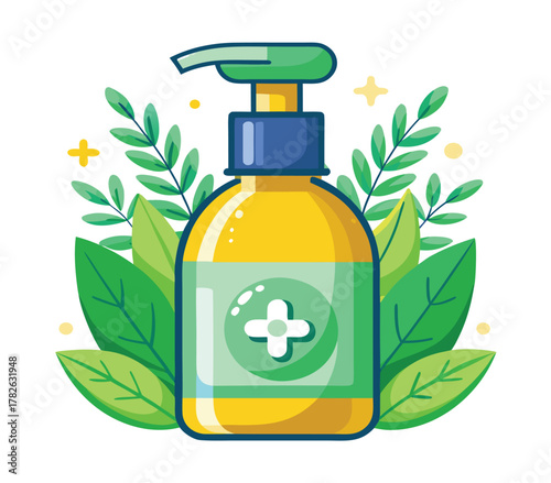 Refreshing Natural Hand Sanitizer Bottle with Green Leaves and a Gentle Plus Sign, Promotes Hygiene and Well-being for Your Family's Health, Perfect for Everyday Use