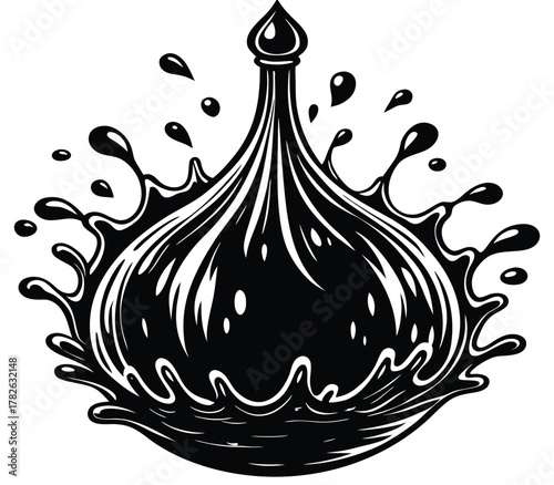 A dynamic, high-contrast illustration of a black liquid splash, forming an ornate crown or dome shape with flying droplets, isolated on a white background. Vector graphic of a viscous fluid burst