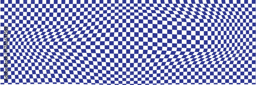 Trippy design with distortion grid effect. Twisted wavy and groovy geometrical chessboard. Psychedelic dynamic banner background. Retro 70s trippy hippie wavy aesthetic chess backdrop in black 